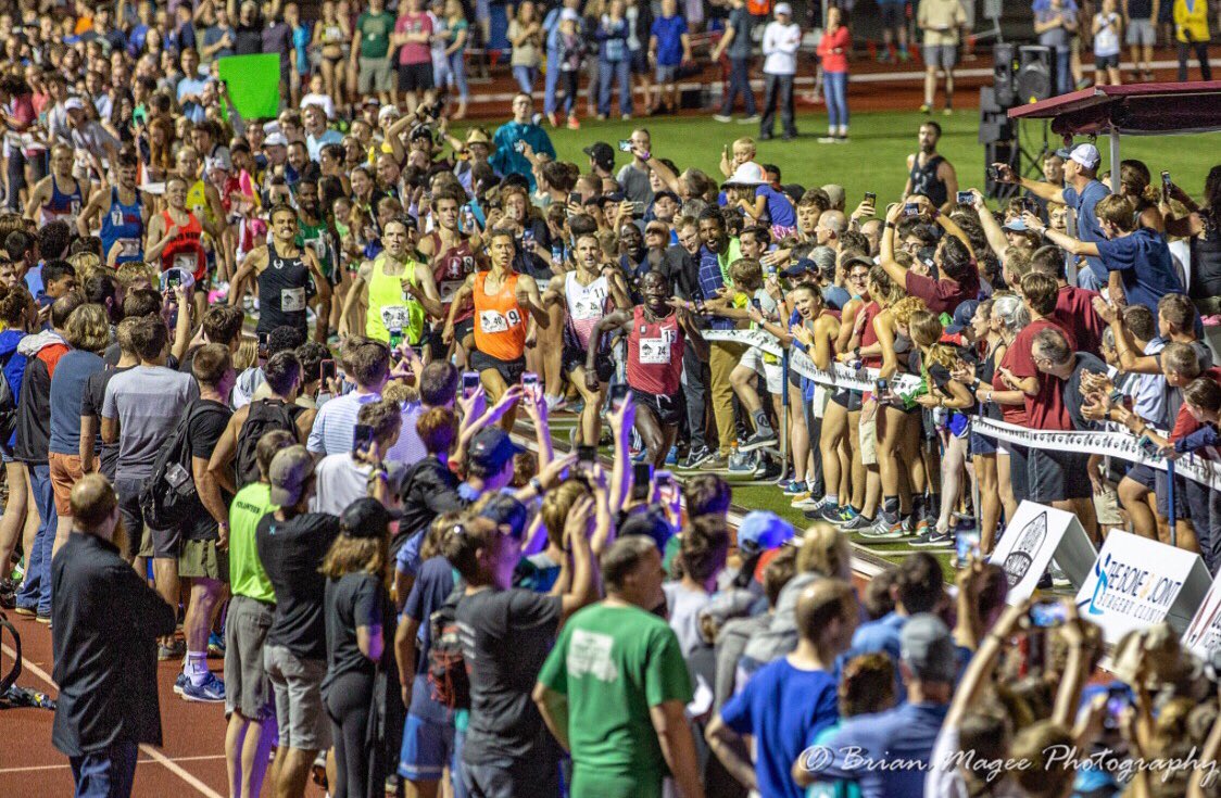 ChrisChavez's tweet image. Tremendous scene captured by photographer Brian Magee at Friday night’s @SirWalterMiler. 13 men finished the race. 13 broke four minutes for the mile. @lopezlomong took the win in 3:53.86. 

Always a great show in Raleigh.