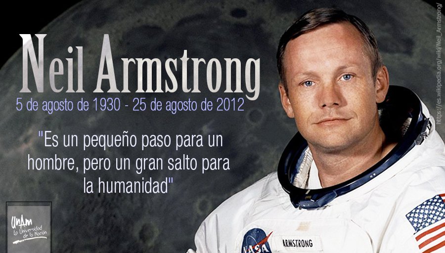 UNAM on X: "#UnDíaComoHoy de 1930 nació el astronauta estadounidense Neil  Armstrong, el primer hombre en pisar la Luna. https://t.co/3ETCQ80fca" / X