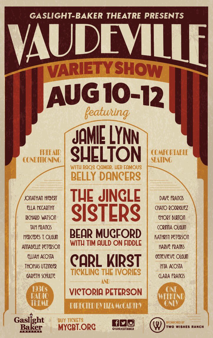 GaslightBaker's tweet photo. For one weekend only see “Vaudeville at the Baker”, you won’t be sorry! Tickets at https://t.co/uwYkINOsn7 #vaudeville #1930 #radioshow #livemusic #livetheater #vintage #theater #lockhart #gaslightbaker https://t.co/unG8gF0Cge