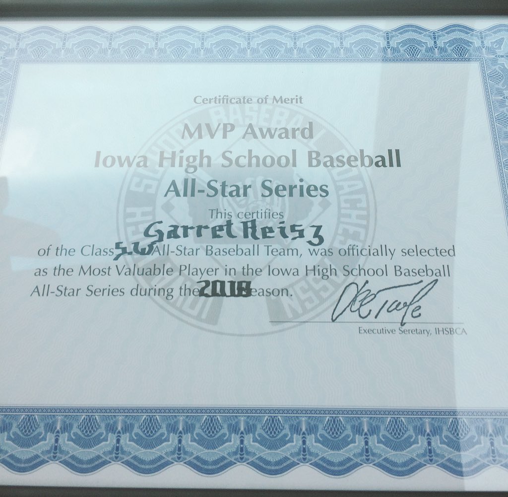 Congrats to Garret Reisz for getting the Most Valuable Player Award at the Iowa High School Baseball All-Star Series!