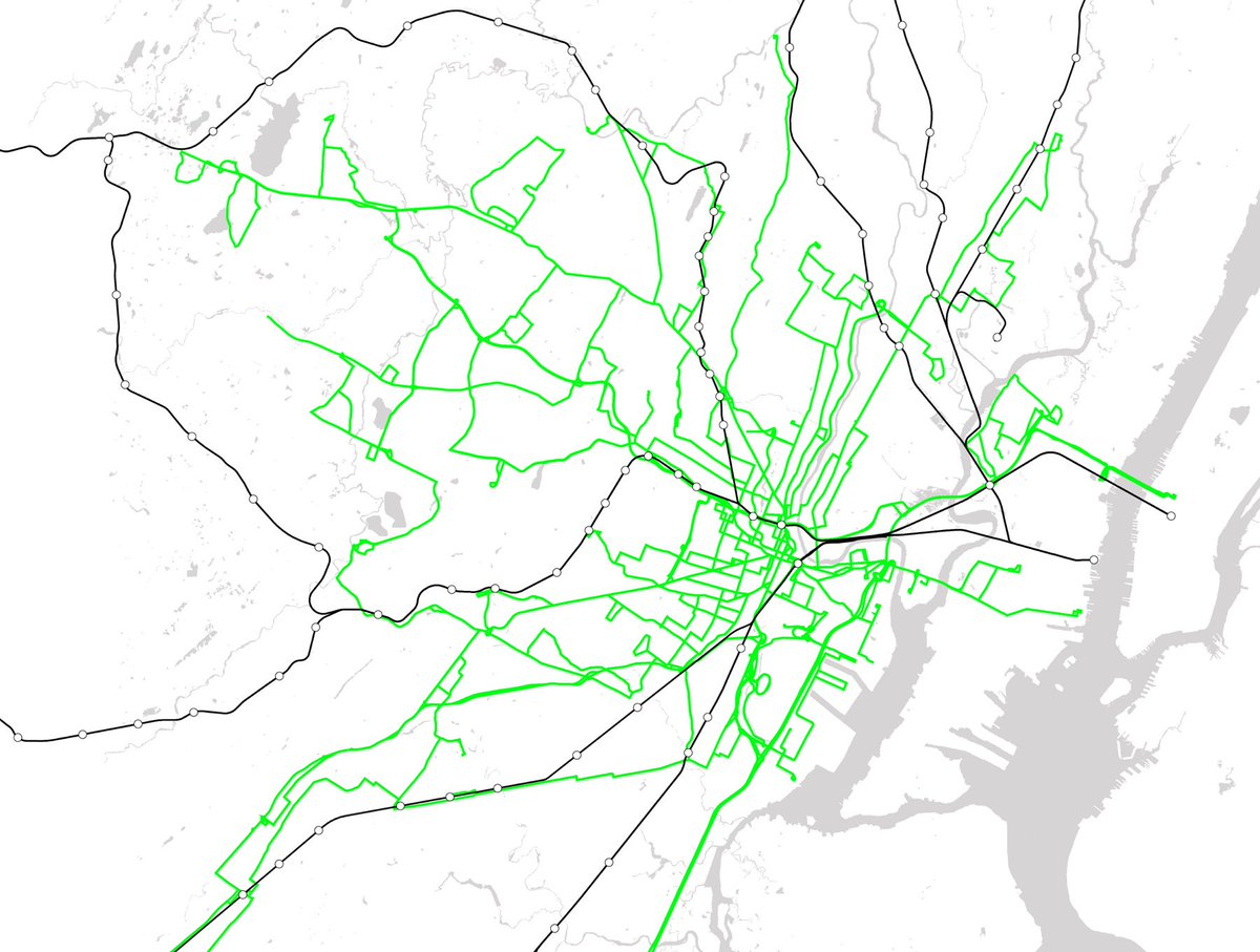 NJT bus routes from Newark overlaid on commuter rail. There’s quite a bit of duplication — New Jersey essentially has two parallel, separate transit systems. If the rail lines were frequent and fares were the same as bus, they would be useful for many of these bus riders.