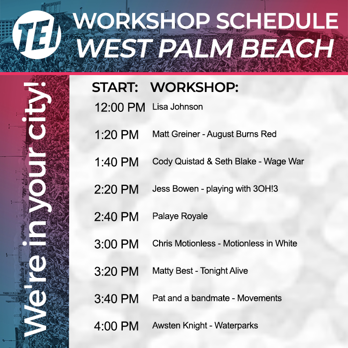thinktei's tweet photo. Last Day!! 😢 West Palm Beach let's end it with a bang.💖 
Today our TEI tent is by the Full Sail stage by New Found glory merch.
Please note, check in for your workshop 10 minutes before the start time by the blue TEI flags by the Owly stage, behind Story Untold. https://t.co/tT8HgHAAcA