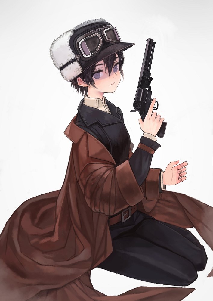 kino (kino no tabi) 1girl gun weapon solo hat fur hat handgun  illustration images