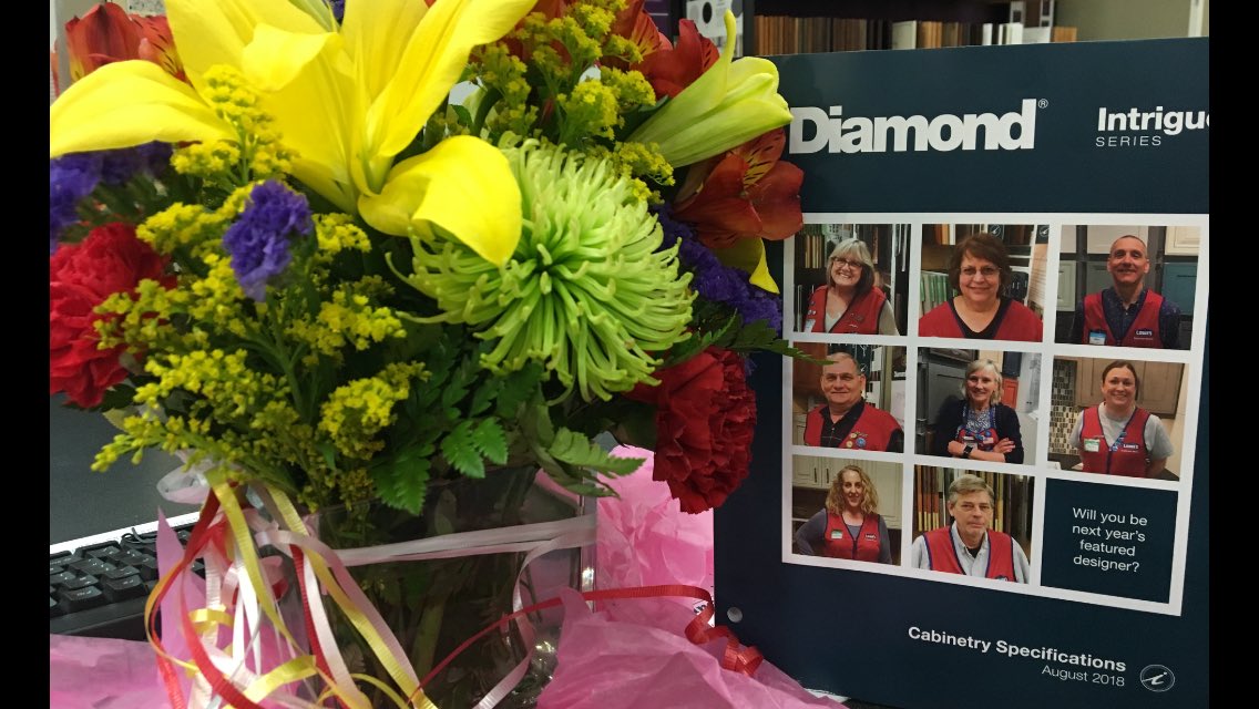 DianeMiskell's tweet photo. I was honored this week by Masterbrand Cabinetry! I’m one of eight Lowes designers nationwide featured on the cover of their 2018 top of the line Intrigue Specification Book! Thank you, Elias &amp; Pete, for the support needed to make my job easier! Diamond rocks!!! https://t.co/0MXgE7dHyW