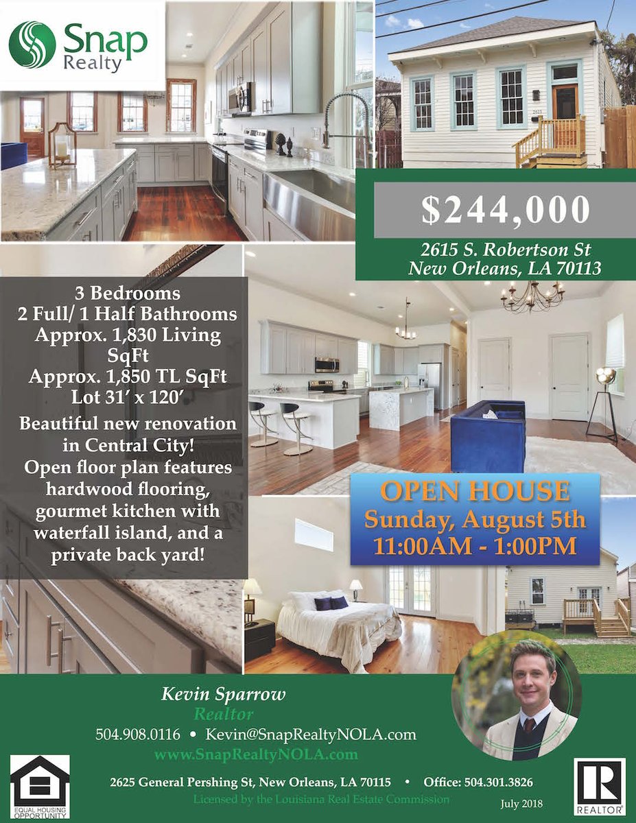 SnapRealtyNOLA's tweet image. **Open Houses TODAY 8/5/18**
11AM - 1PM: 2615 S ROBERTSON $244,000
12PM - 2PM: 4221 S ROBERTSON $499,000
Come check out these two amazing homes TODAY!
#snaprealty #snapreatlynola #itsasnap
