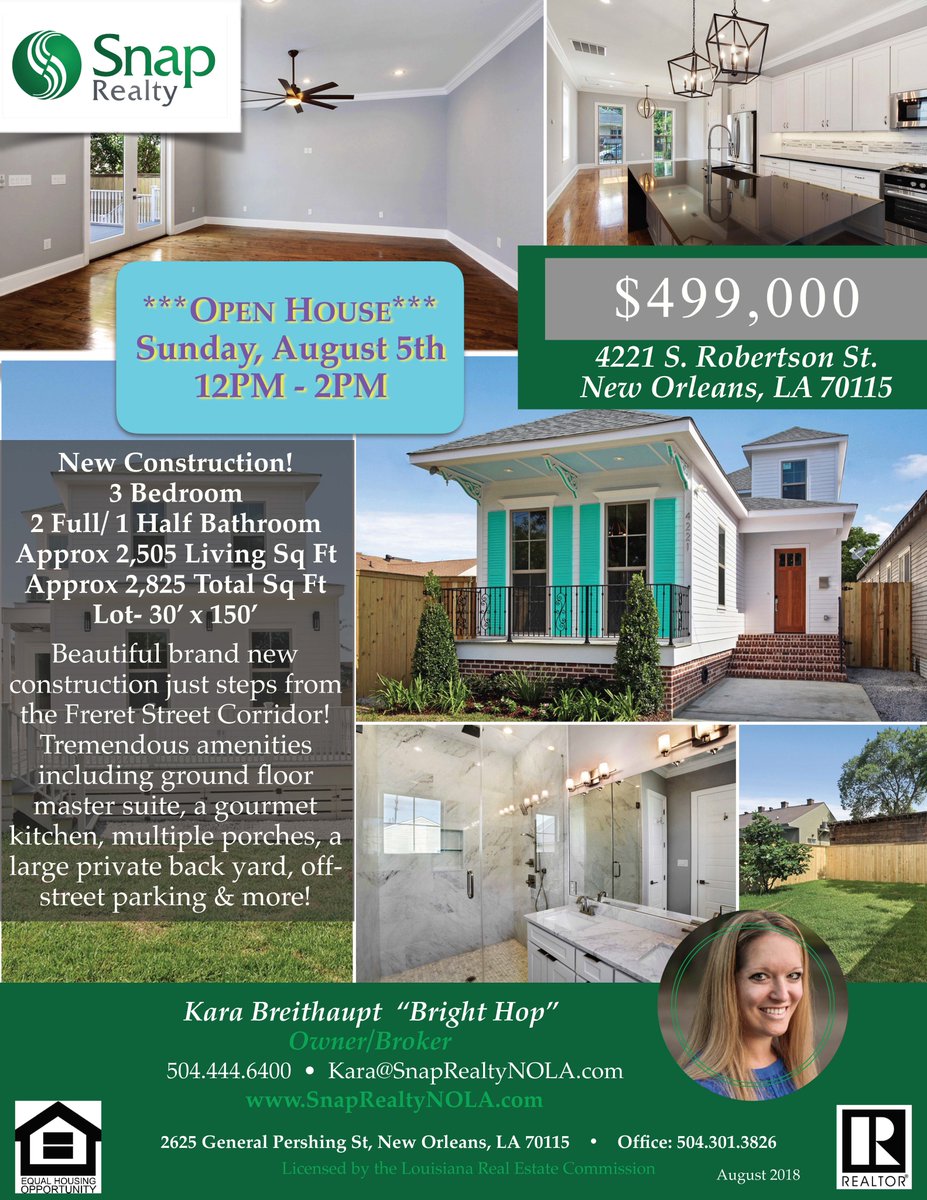 SnapRealtyNOLA's tweet image. **Open Houses TODAY 8/5/18**
11AM - 1PM: 2615 S ROBERTSON $244,000
12PM - 2PM: 4221 S ROBERTSON $499,000
Come check out these two amazing homes TODAY!
#snaprealty #snapreatlynola #itsasnap