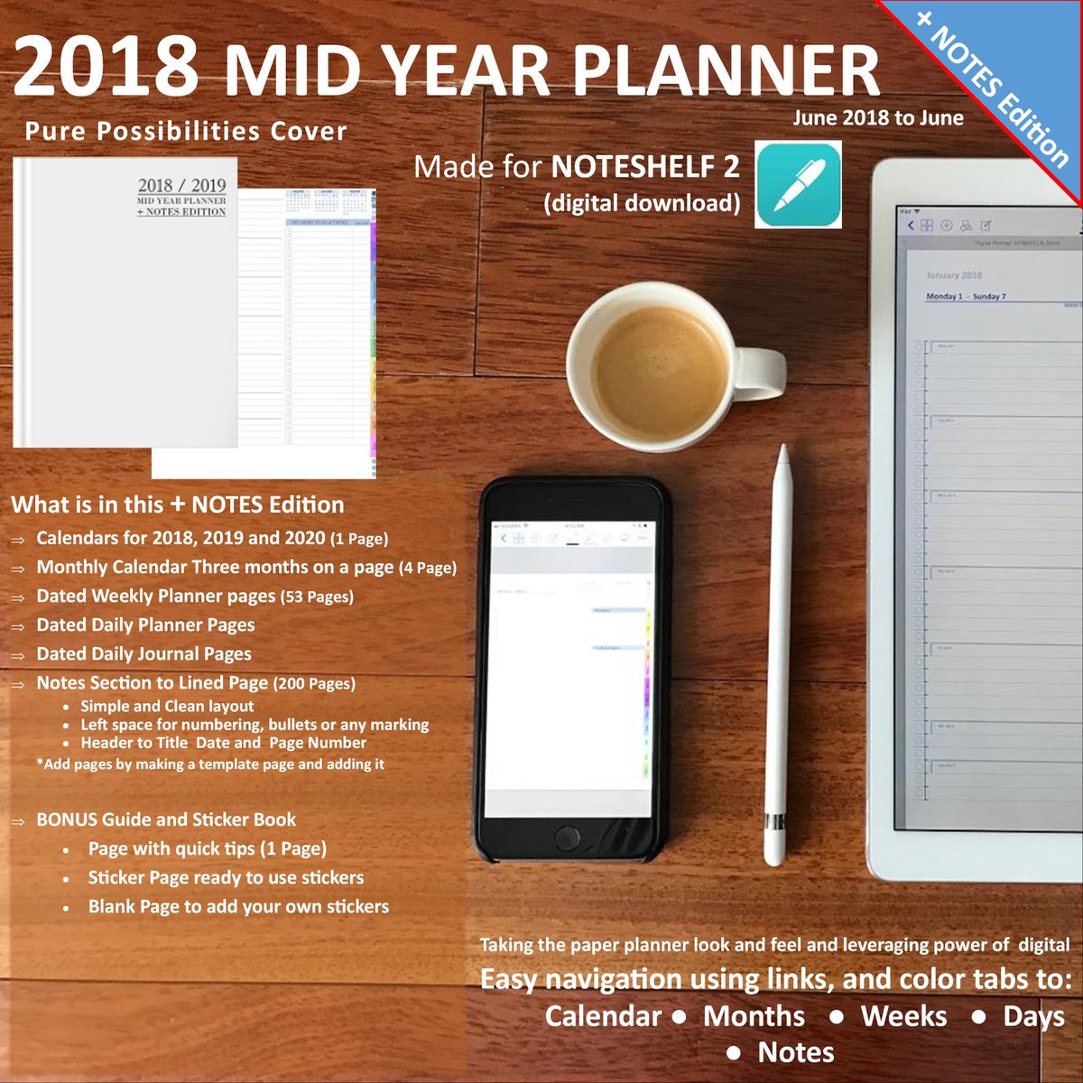 my #etsy shop: 2018 Mid-Year Planner +NOTES Edition (PURE POSSIBILITIES Cover) (Made for NoteShelf 2) etsy.me/2Mk2UwC #papergoods #calendar #apple #ipad #bulletjournal #daily #journal #planner #digitalplanner #deskgoal #conferenceplanner #digital
