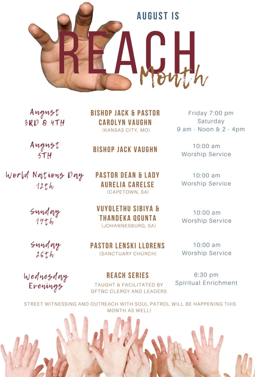 GFTNChurch's tweet photo. August is R.E.A.C.H. Month! Join Us! #GFTNC https://t.co/PIc19xcBw9