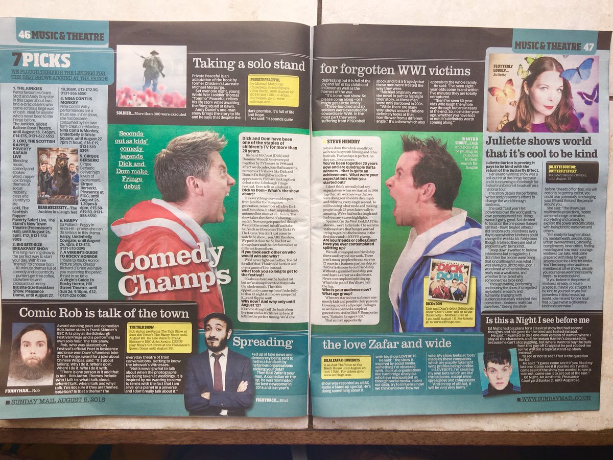 bazzamarama's tweet photo. @Sunday_Mail @edfringe previews & interviews in today’s magazine. Get out & see a show or three #dickvdom #ednight #julietteburton #privatepeaceful #thetalkshow #ninaconti #cirqueberserk #harpy #loki #avirginsguidetorockyhorror #bitesizeplays https://t.co/TrizDN0r4l