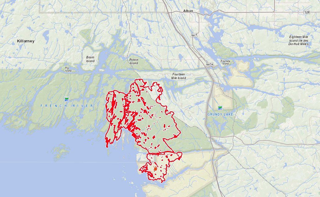 CBCSudbury's tweet image. For some perspective, here's the perimeter map of #parrysound33 from the MNRF. It's now 11,362 hectares, but the ministry says crews are holding the perimeter despite hot, dry weather and high winds.