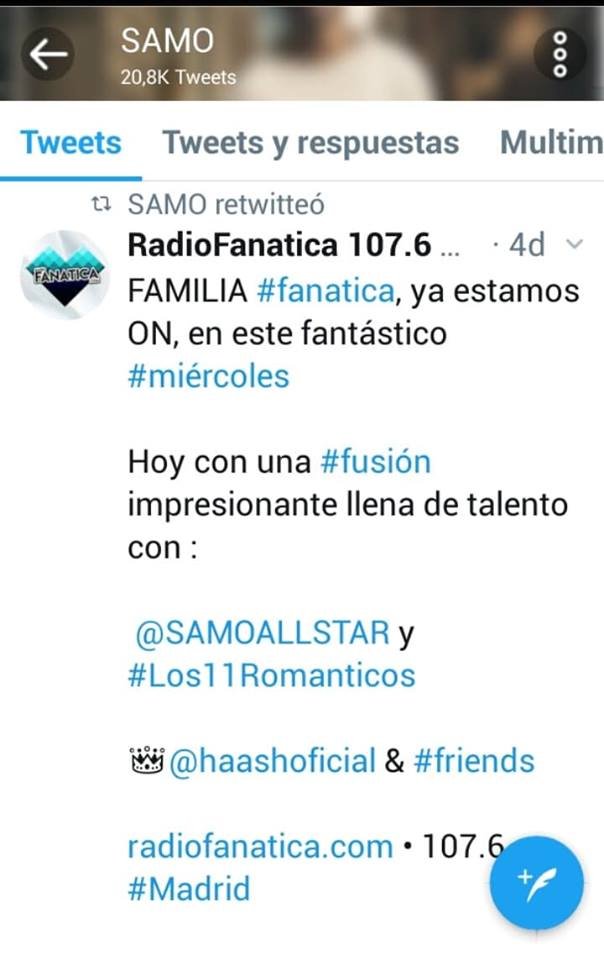 radiofanatica_'s tweet photo. Muchas gracias querido @SAMOALLSTAR por los RT de los últimos días 🎶😊, es un placer para nosotros que suena tu voz en #RadioFanatica!

Te queremos #Negrito

https://t.co/fJPoAeYILG | 107.6 #Madrid

106 países conectados

Somos la radio de las #CancionesBonitas

⚡️ https://t.co/vNYkMCWIbS