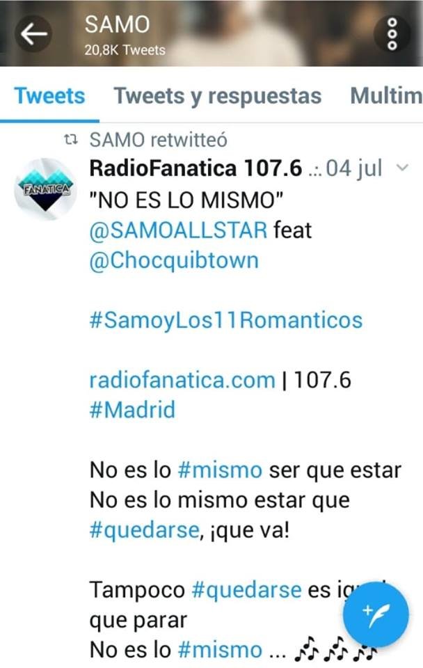 radiofanatica_'s tweet photo. Muchas gracias querido @SAMOALLSTAR por los RT de los últimos días 🎶😊, es un placer para nosotros que suena tu voz en #RadioFanatica!

Te queremos #Negrito

https://t.co/fJPoAeYILG | 107.6 #Madrid

106 países conectados

Somos la radio de las #CancionesBonitas

⚡️ https://t.co/vNYkMCWIbS