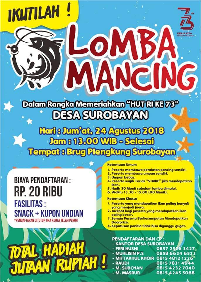 DesaSurobayan's tweet photo. Silakan yg hobi mancing merapat dengan hadiah total Rp 8.500.000
Hadiah utama
1. Tv Led 32 '
2  Tv Led 22 '
3. Hp Android
Door prizes
1. Kulkas
2. Alat pancing (3)
3. Kipas angin  (3)
4. Banyak hadiah hiburan
Jackpot
- uang tunai Rp 500.000 utk ikan paling besar/berat https://t.co/bypiAOfZSB