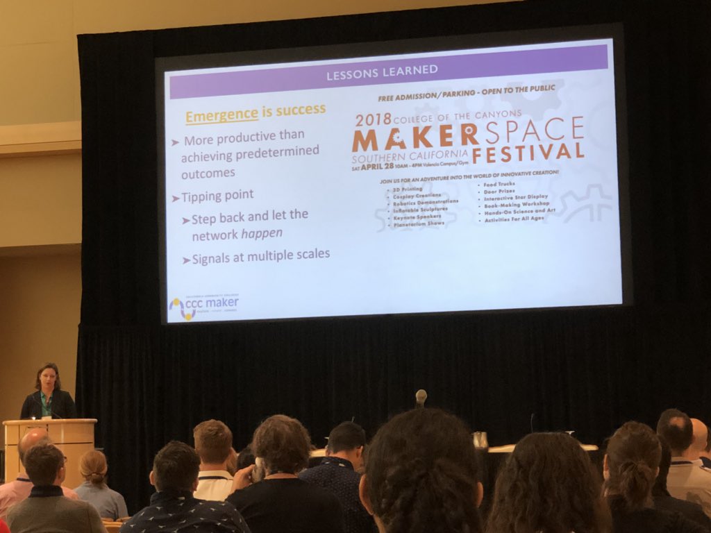 stevenmweiner's tweet photo. Excellent #isam2018 talk from Dr. Brie Lindsey about developing the @cccmakerspace network -- great to see their efforts grounded in building community and culture #makered #makerculture https://t.co/YD1h6vijF6