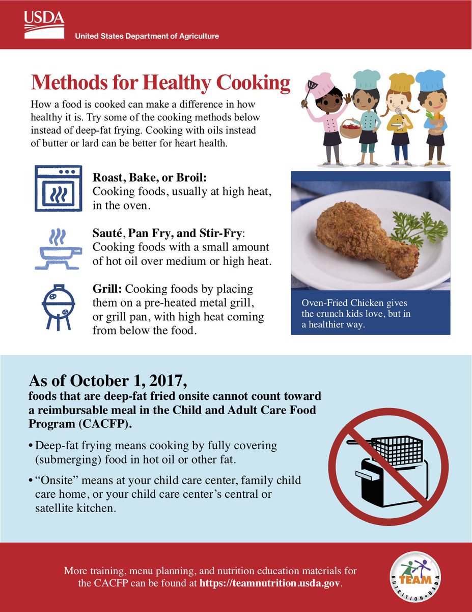 ichildnutrition's tweet photo. Methods for Healthy Cooking! These short, two-page worksheets include scenario-based questions or activities to test &amp; reinforce knowledge of key concepts in the #CACFP #MealPatterns. https://t.co/vLkr0iEo3h