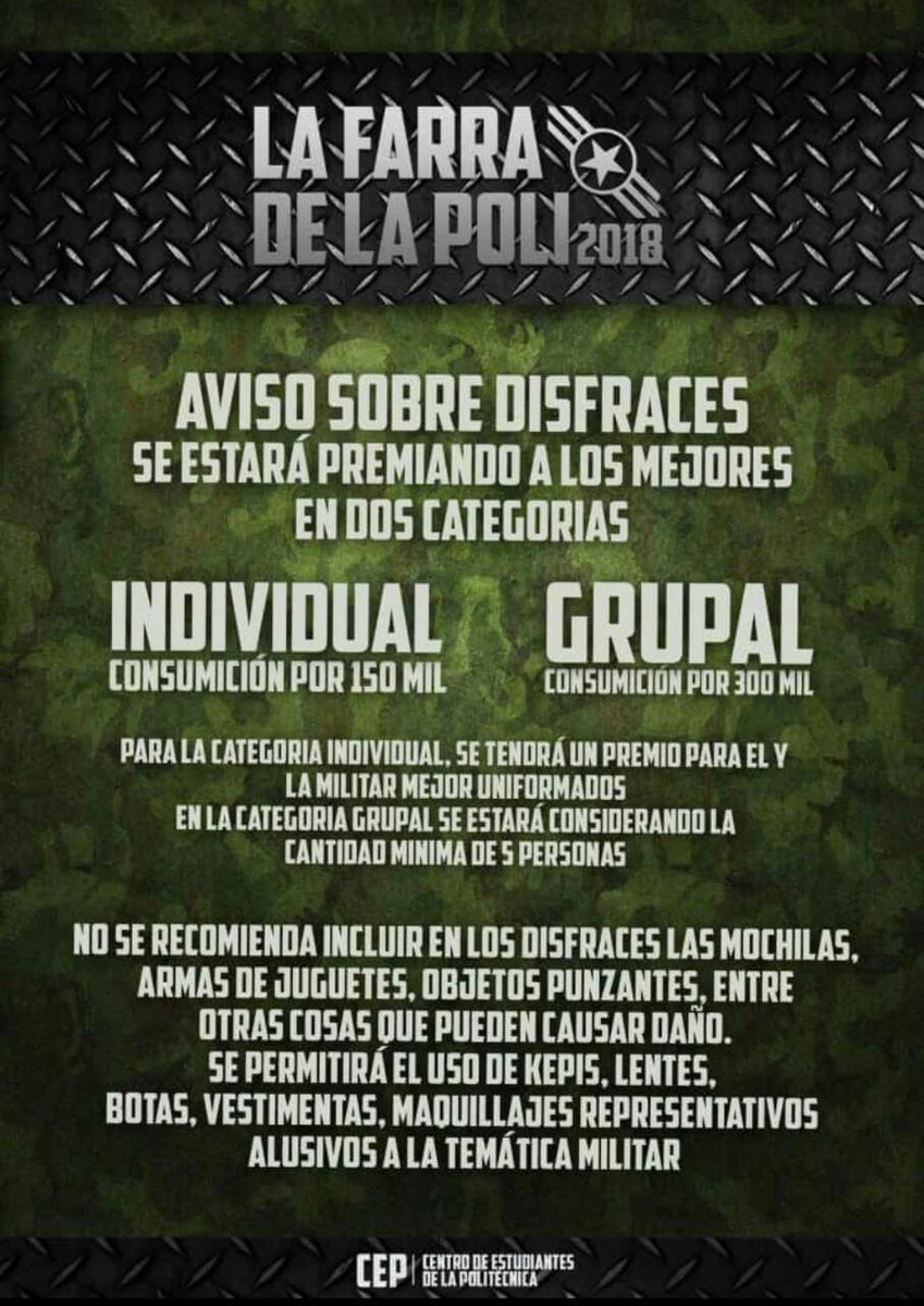 eventos_cep's tweet photo. AVISO IMPORTANTE!!!! 
Para tener en cuenta los siguientes puntos para la elección de tu disfraz 😎

Pd: Amigo/a hasta mañana nomas tenes tiempo de pagar tu mesa o sino hule👀😛

#SeArmóLaJoda #LaFarradeLaPoli 😎 #9días https://t.co/vzQ65xutwl