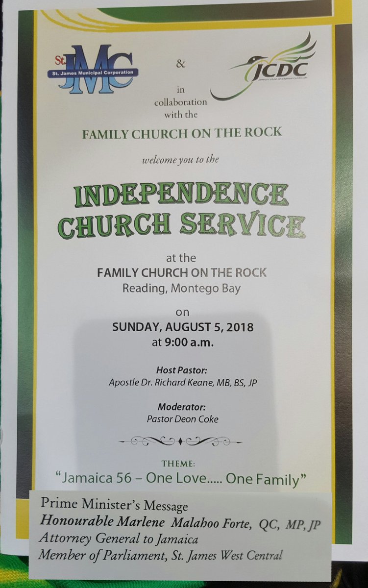 MalahooForteMP's tweet photo. #ConstituencyHappenings | IndependenceChurchService2018 hosted in #SpringGardenDivision of #StJamesWC Constituency at #FamilyChurchOnTheRock in #Reading where #MP & #AttorneyGeneral @MalahooForteQC read the Prime Minister’s message of reflection and hope. https://t.co/PMvjMF9c5o