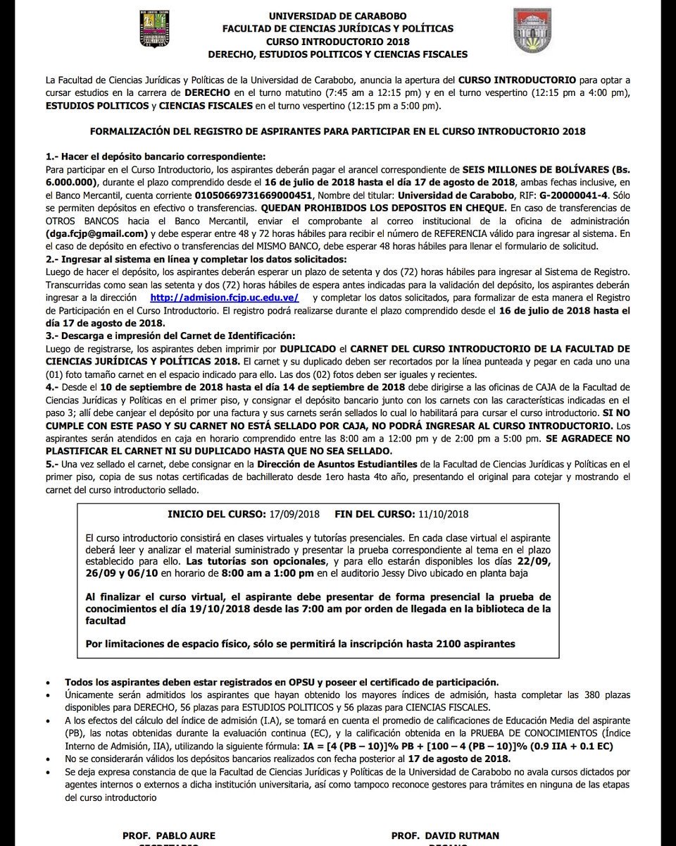 El decano <a href="/davidrutman/">David Rutman</a> informa que ya se está disponible el proceso de formalización del registro de aspirantes para participar en el Curso Introductorio 2018 de la Facultad de Ciencias Jurídicas y Políticas de la <a href="/UCarabobo/">Universidad de Carabobo</a> en el link: bit.ly/2Je1VLO        #LeeTiempoUC