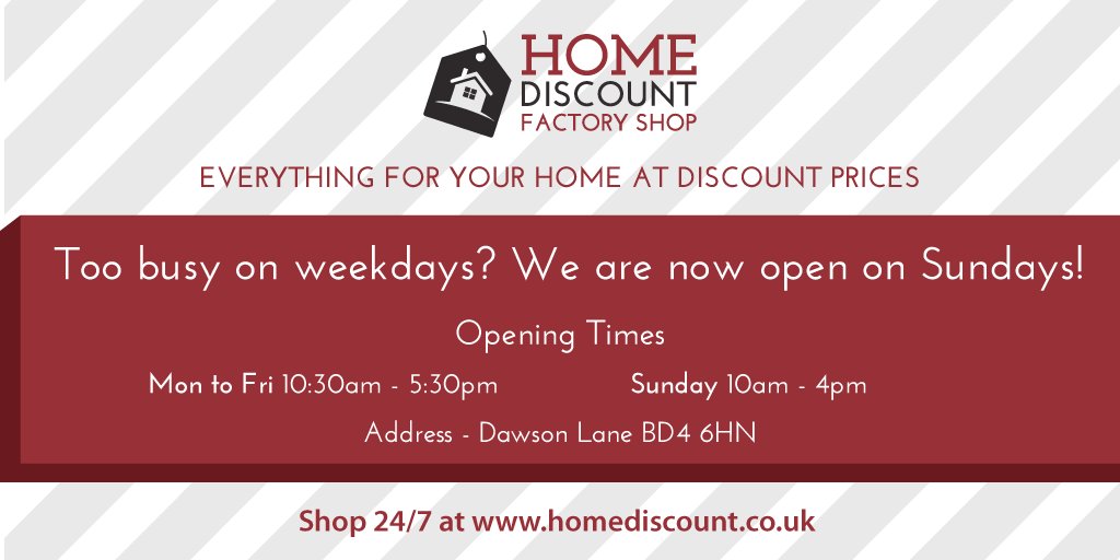 HomeDiscountLtd's tweet photo. Home Discount Factory Shop - New opening hours: ✅
 Monday to Friday 10.30am to 5.30pm 
✅ Sunday 10.00am to 4.00pm 
Shop 24/7 at https://t.co/YKJPsN6Ckm https://t.co/m5MmCbEH2X