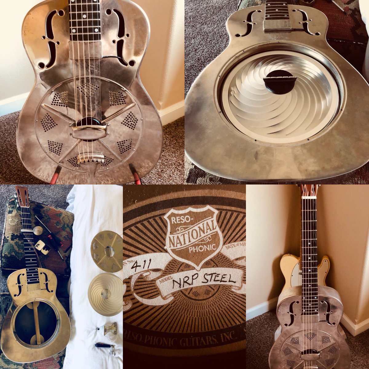 joiecalio's tweet photo. Home repair on the silver #Nationalguitar went well. Cone replaced- ready for the road @7Horse_ #rocknroll #BluesRock #methlabzososticker #wine #slideguitar #stopcrushingconescalio https://t.co/sBPZW5Uq2C