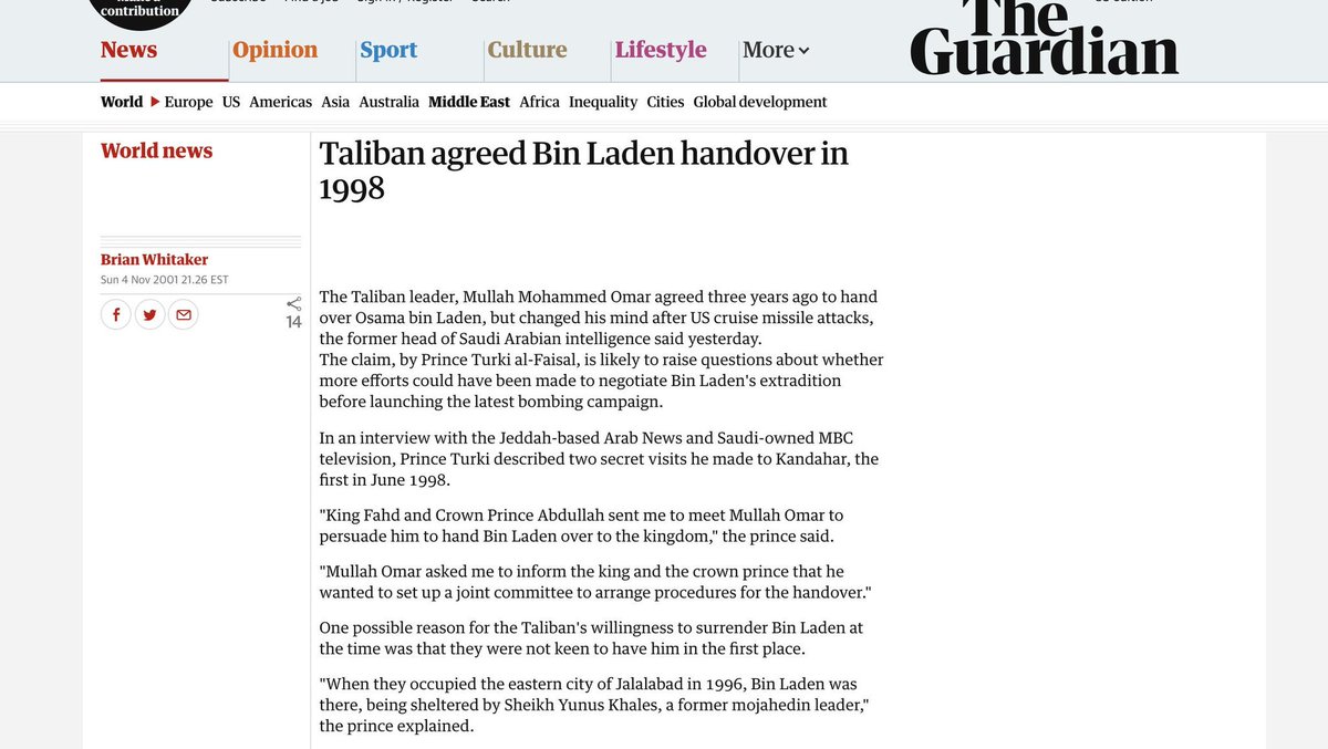 16. For some reason refused to get Osama Bin Laden when the Taliban agreed to hand him over.