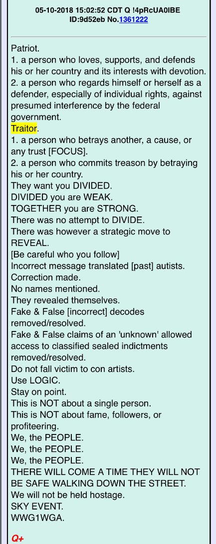 2runtherace's tweet photo. @formerlydoxed Lets’s read a few of the previous Q mentions of ‘Traitor’!! #Traitors #Treadon #Sedition #Gitmo #GreatAwakening @realDonaldTrump https://t.co/eIY4njThRH