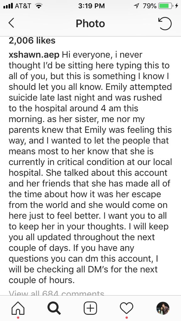 AydenLincoln's tweet photo. A member of the Mendes Army Emily attempted suicide yesterday! I want you all to know there is someone who loves and cares about you this is NEVER the answer. Go DM her sister on her account on Instagram with a positive message. As of now she’s in a coma! #PrayersForEmily ❤️ https://t.co/xpIHp198ty