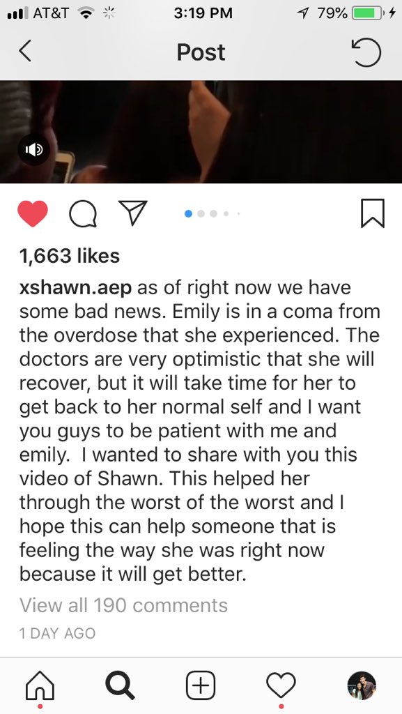 AydenLincoln's tweet photo. A member of the Mendes Army Emily attempted suicide yesterday! I want you all to know there is someone who loves and cares about you this is NEVER the answer. Go DM her sister on her account on Instagram with a positive message. As of now she’s in a coma! #PrayersForEmily ❤️ https://t.co/xpIHp198ty