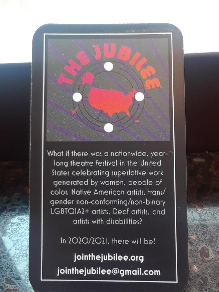 danaturg's tweet photo. I ran into Lisa Channer yesterday and she gave me this card. She is coordinating university participation in the 2020-2021 theatre Jubilee: https://t.co/DVTWDyFu3H #athe2018 #ATHE18 #ATHEBoston2018 https://t.co/CJZusaQff1