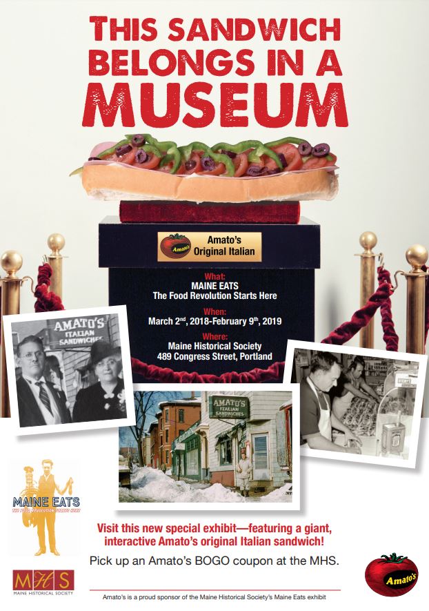 mainehistory's tweet photo. Have you seen this poster at your local @amatosinc? We thank Amato's for their sponsorship of our Maine Eats exhibition! #historyforme #hamitalian https://t.co/ubsE5KT25Z