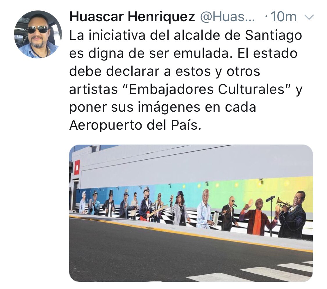La iniciativa del alcalde de Santiago es digna de ser emulada. El estado debe declarar a estos y otros artistas “Embajadores Culturales” y poner sus imágenes en cada Aeropuerto del País.<a href="/eddy_herrera/">Eddy Herrera</a> @jhonnyventuraoficial <a href="/wilfridovargas1/">Wilfrido Vargas</a> @AbelAlcaldeStgo