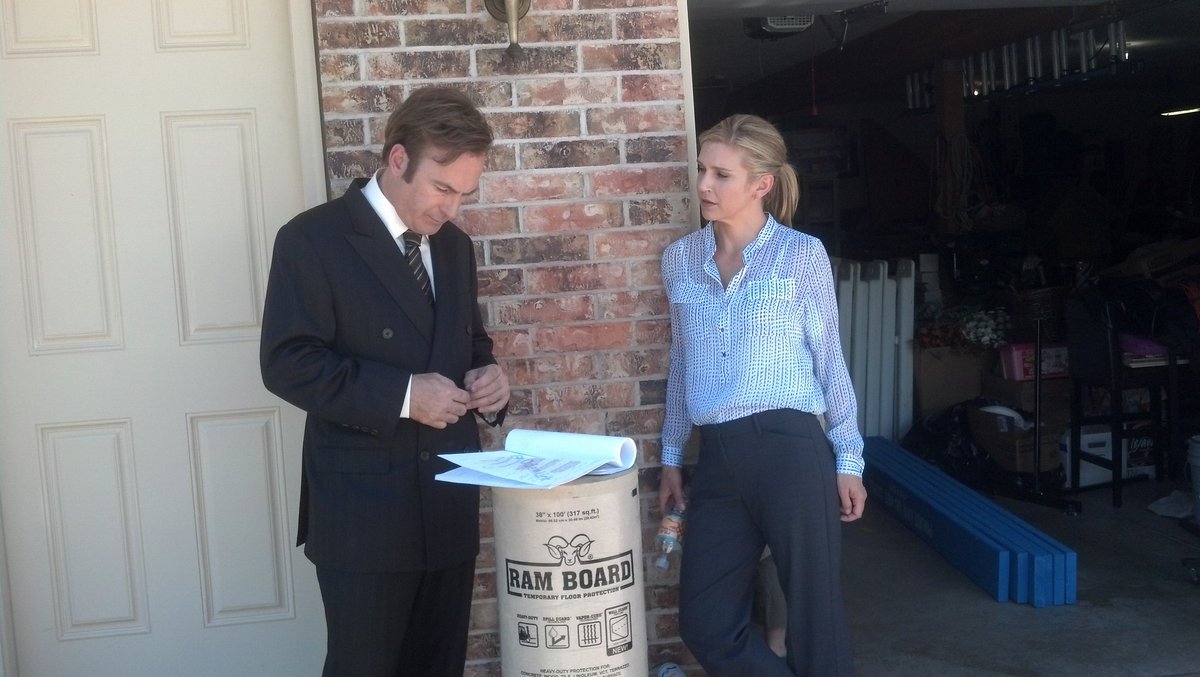 TomSchnauz's tweet photo. To celebrate tomorrow's Season 4 premiere of #BetterCallSaul, here's a pic of @mrbobodenkirk &amp; @rheaseehorn rehearsing a scene from my very first ep shot 4 years ago, #103 "Nacho." https://t.co/WEJP0L8VXi