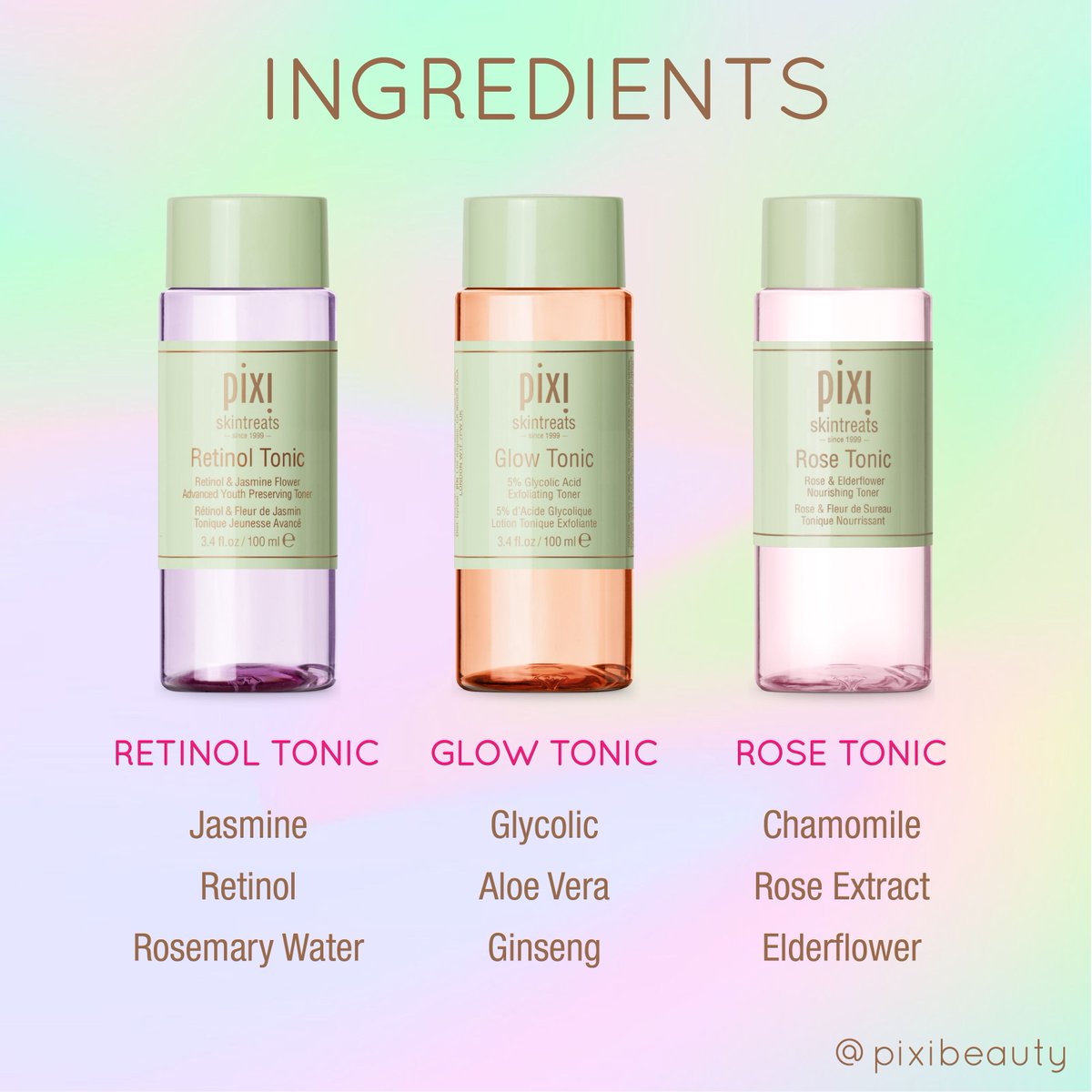 PIXIBeauty's tweet photo. Delight your skin with our #PixiPerfect Retinol Tonic, Glow Tonic & Rose Tonic! On their own, these toners help you balance, exfoliate & reduce fine lines on the skin. Together, they make for #MultiToning perfection! https://t.co/2a3M2BQyiH https://t.co/OoOoC5kG0A