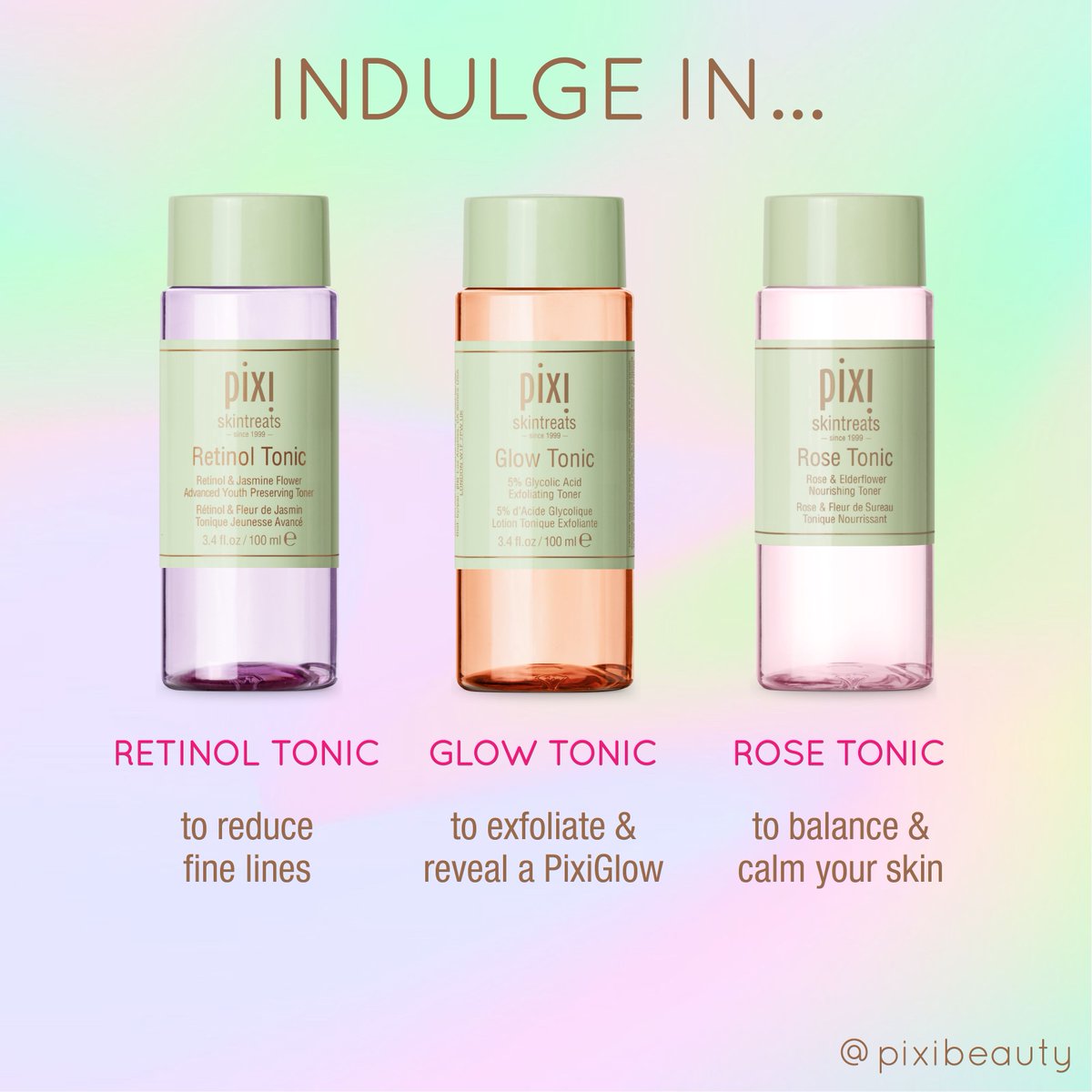 PIXIBeauty's tweet photo. Delight your skin with our #PixiPerfect Retinol Tonic, Glow Tonic & Rose Tonic! On their own, these toners help you balance, exfoliate & reduce fine lines on the skin. Together, they make for #MultiToning perfection! https://t.co/2a3M2BQyiH https://t.co/OoOoC5kG0A