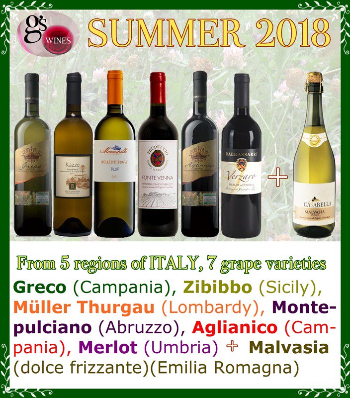 Our #Summer 2018 #Masterpiece! Standard Case 6 hi-#quality #Italian #wines-incl <a href="/monsupello/">Monsupello</a> #Müller-#Thurgau, Fontana Reale #Greco &amp; #Aglianico, Kazzen #Zibibbo, <a href="/IlFeuduccio/">Il Feuduccio</a> #Montepulciano, Baldassarri #Merlot+BONUS #wine Casabella #Malvasia #dolce #frizzante Enjoy! #GS_Summer18