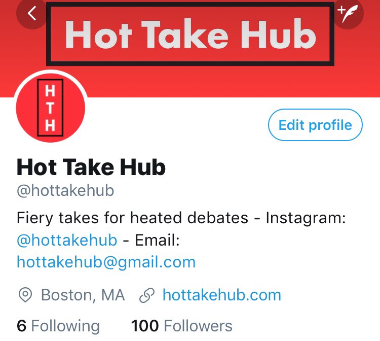 hottakehub's tweet photo. @hottakehub has reached 100 followers! Thank you to everyone who follows and here’s to many more followers to come! #HotTakeHub https://t.co/AatU1prRKZ
