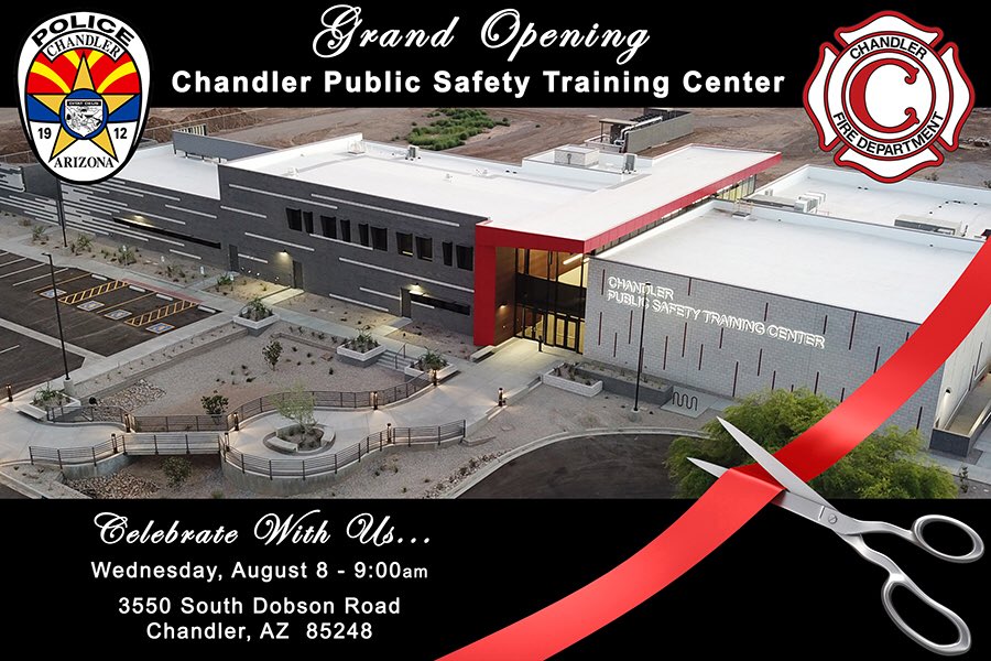 Last summer we broke ground on the Chandler Public Safety Training Center.  This week on August 8th we are proud to invite our community to the ribbon cutting!  We are excited to enhance the bond of our public safety partnership.  Come join us and take a tour. #teamchandler
