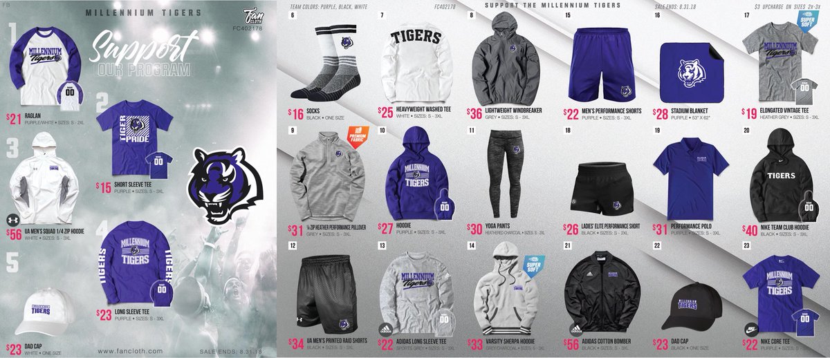 millenniumdeca's tweet photo. Millennium students! Millennium Tiger merchandise is now available for purchase through Fan Cloth. These items will be available for a limited time! Look at the link in our bio for more information 🐯 https://t.co/6G8FovB62n