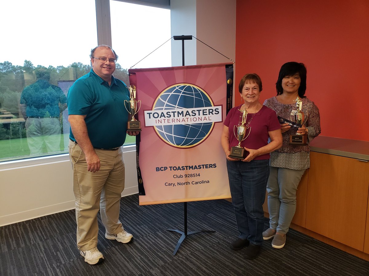 BCPtoastmasters's tweet photo. BCP Cary Toastmasters Meeting: August 2, 2018

Congratulations Joe Beiras for Best Table Topics, Marie Snider for Best Speaker, and Tammy Terhune for Best Evaluator!

#speech #toastmasters #publicSpeaking #BCPCaryToastmasters https://t.co/mr5mo2FsYU