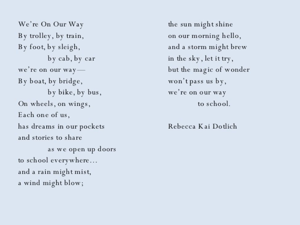 GeorgiaHeard1's tweet photo. Start the school year with poetry! For the next month, I’m tweeting out poems to celebrate the beginning of school. Read poems to Ss from Day 1! Ss can keep poems they love in a poetry folder, and might be inspired to write their own. Here is a favorite #TCRWP #rebeccakai. https://t.co/U1FdW6DGvY