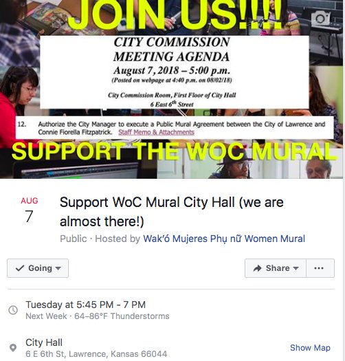 imaniwadud's tweet photo. Come out &amp; #support the @WoCMuralLFK on its last City Commission mtg before we PAINT! We're #12 on the agenda &amp; will present our artist/city contract for approval. #LFK community, plz join us one more time. #joinus @Vee_reynaga @muralarts @lawrenceperc @WonderFair @ConnieFio https://t.co/IXoDNpla5B