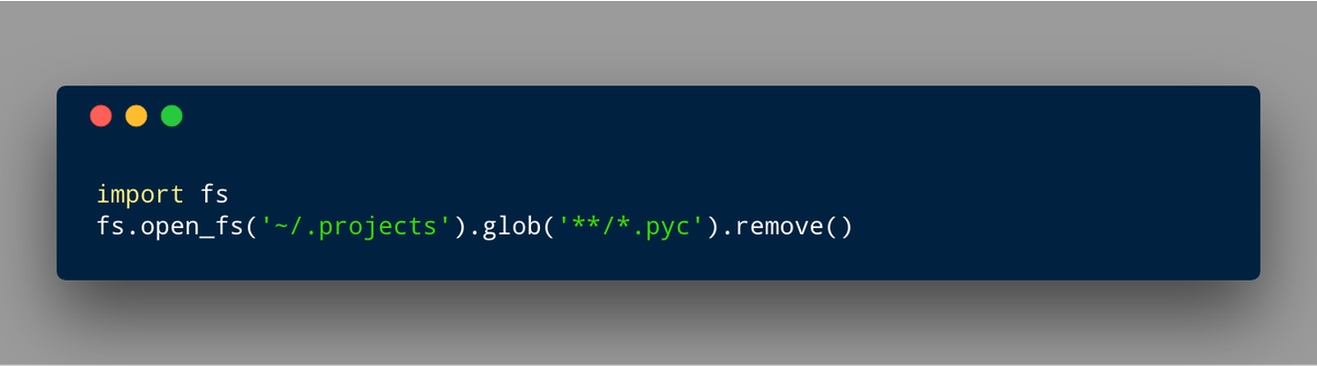 willmcgugan's tweet photo. More on globbing feature in #PyFilesystem Here's a complete working script to recursively remove all the pyc files from your project directory. I'm sure there is an equivalent bash command half the length, but I think this is twice as readable! https://t.co/I5qhMNiKed