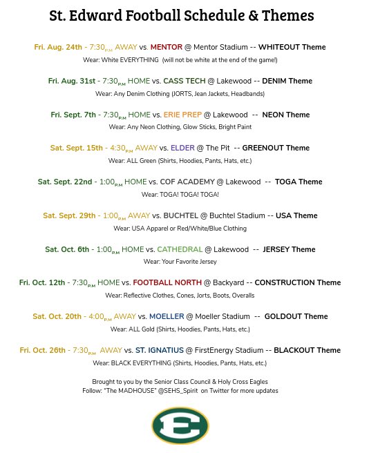 SEHS_Spirit's tweet photo. 🚨ATTENTION EAGLES🚨
The student section themes for the Eagle 🦅 football 🏈 regular season are here!
DRESS UP
SHOW UP
FIRE UP 🔥
EDSUP🔰 https://t.co/wEwNdLogft