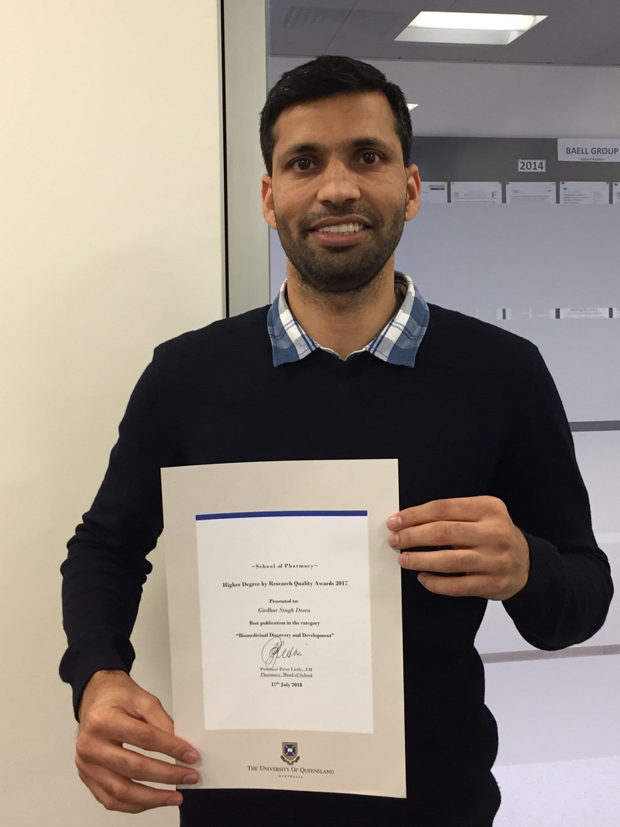 UQPharmacy's tweet photo. Well done Dr Srinivas Kantham and Dr Girdhar Singh Deora @GiriDeora on jointly receiving the @UQPharmacy prize for best HDR student publication in Biomedicinal Discovery and Development! Read their publications in @ACSChemNeurosci https://t.co/N2GD4ak9HA https://t.co/8Bh4Jr0hgb https://t.co/SEcukYAbdj