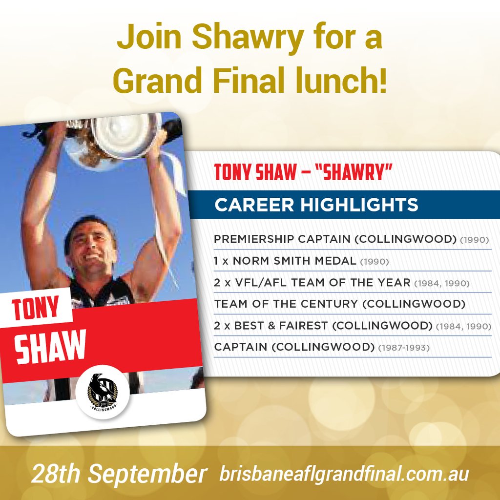 Join Shawry for the Brisbane AFL Grand Final Luncheon on Sept 28th (at Brisbane City Hall).
brisbaneaflgrandfinal.com.au

#afl #aflq  #aflqld #aflgrandfinal #aflgf #aflgrandfinal2018 #aflgf2018 #afllegend #brisbanecityhall #footy #tonysaw #collingwood #collingwoodfc