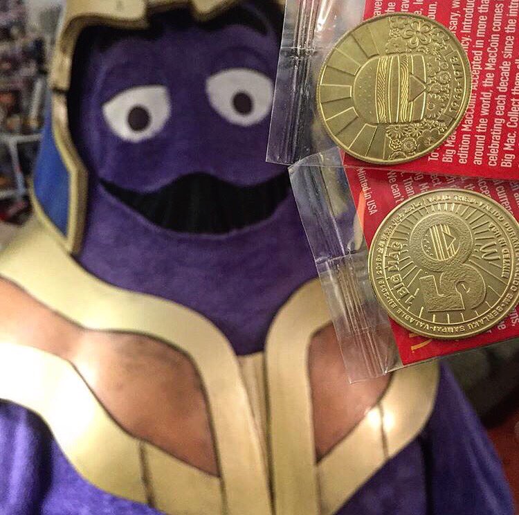 BananaSteveCos's tweet photo. “Two down, three more to go... With all 5 coins, I could simply snap my fingers, and Big Macs will all cease to exist. I call that... hungry.” 😈🍔 

#Grimos #BigMacCoin #MacCoin #BigMac #McDonalds #GrimaceThanos #Thanos #McVengers #Avengers #InfinityWar #FastFoodAvengers #Marvel https://t.co/tYK3JaFc2f