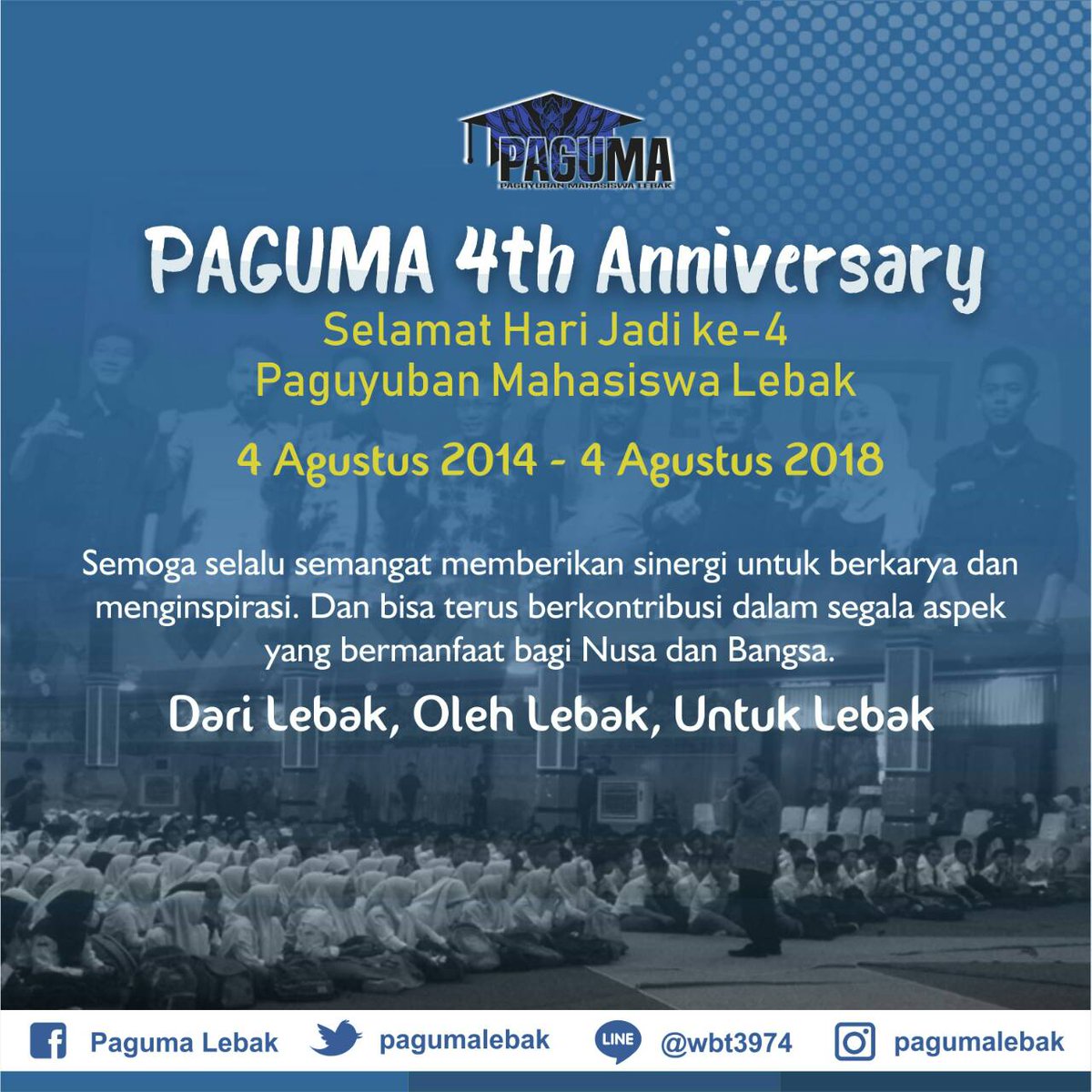 pagumalebak's tweet photo. Selamat Hari Ulang Tahun yg ke-4 untuk Paguyuban Mahasiswa Lebak

Semoga selalu semangat memberikan sinergi untuk berkarya &amp; menginspirasi. Dan bisa terus berkontribusi dlm segala aspek yang bermanfaat bagi nusa &amp; bangsa. Dari Lebak, Oleh Lebak, Untuk Lebak.
#Paguma4thAnniversary https://t.co/l0ZIdNnuQd
