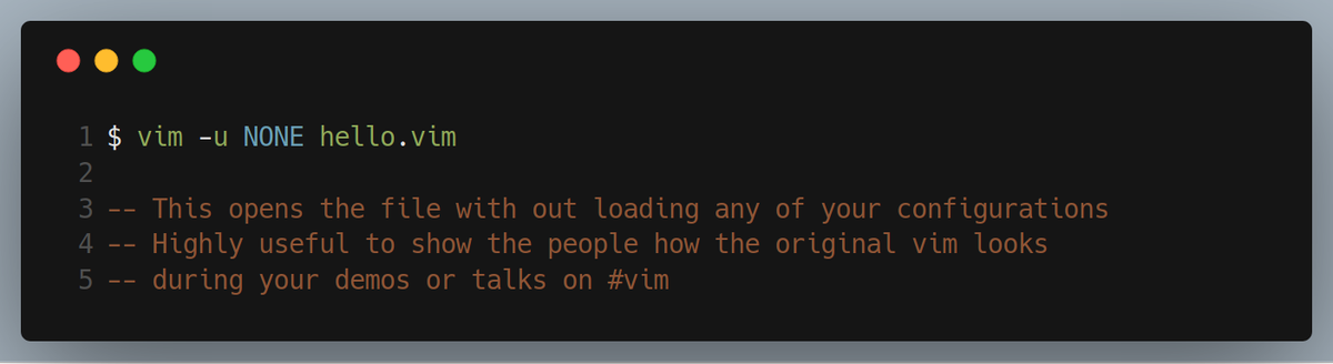 tweetblackode's tweet image. **Vim Tips**
Opening Vim by loading none of your configuration files
#vim #vimtips #vimtips #vimmer #vimlover #Vim