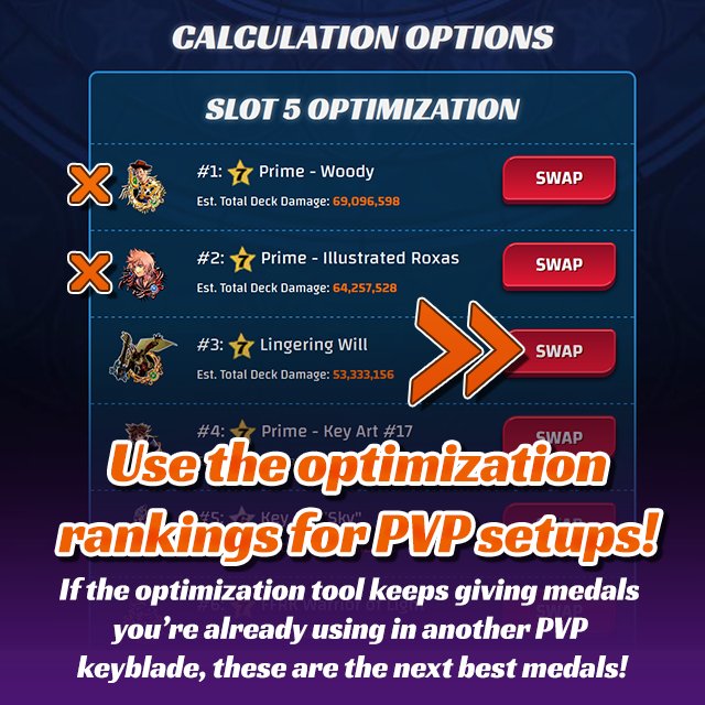 KHUXTracker's tweet photo. PSA: PVP/Multi-Keyblade support https://t.co/vanmpmfPdr is still in development, but you can still optimize for PVP - even when it's giving you unwanted medals! Here are tips for those struggling with the optimization feature for their setups! :) #KHUX_ENG #KHUX_JP #KHUX https://t.co/32ZXQ2TDeV