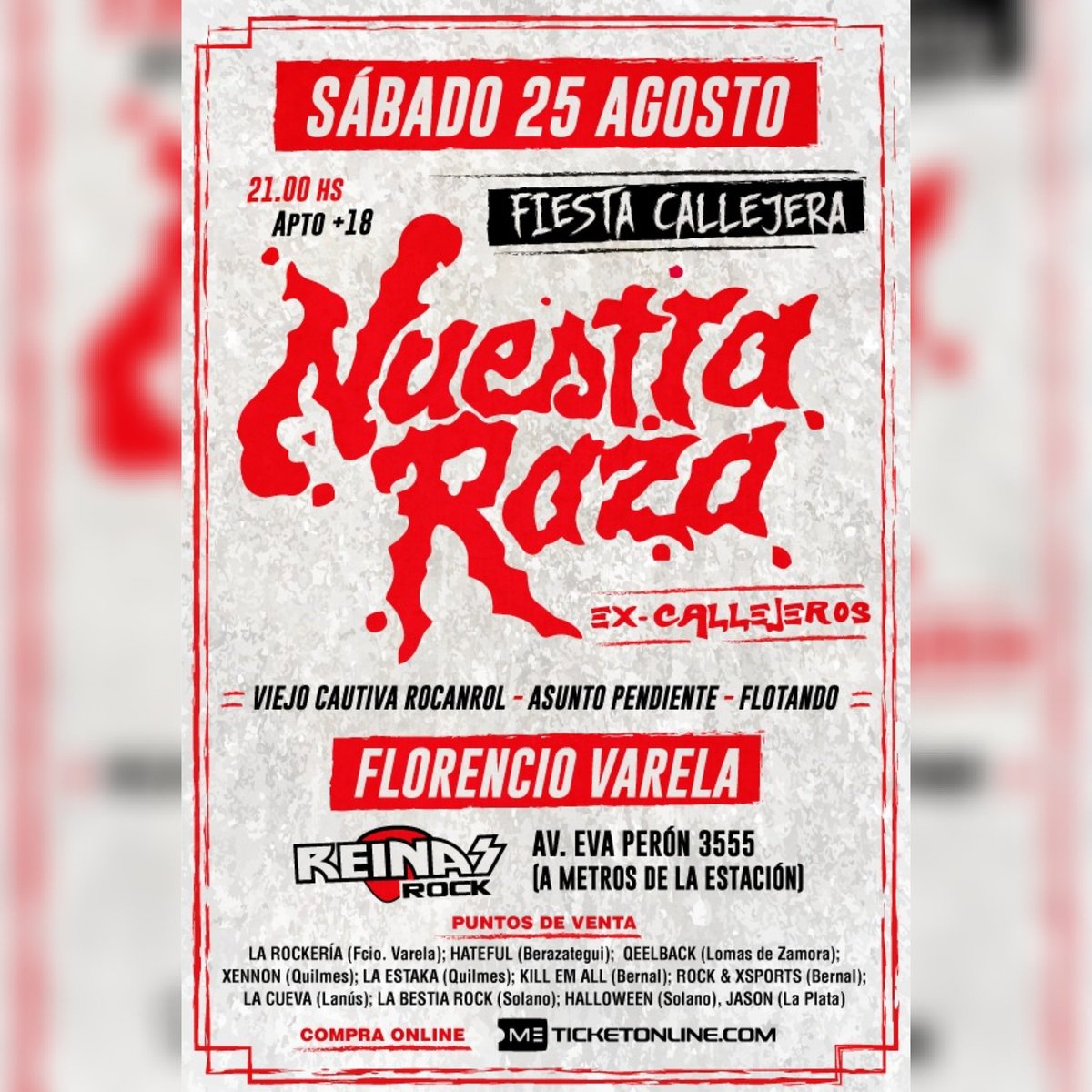 En menos de 3 semanas volvemos al sur junto a <a href="/nuestraraza2015/">Nuestra Raza</a> a volar cabezas en Reina's Rockkkkkk

Micro ida y vuelta + entrada a $120 
No cuelgues y reserva tu lugar 🤘